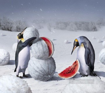 動物 Painting - ペンギンとスイカの動物